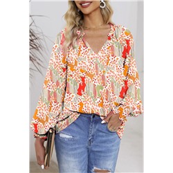 Orange Printed Boho Print V Neck Ruched Bishop Sleeve Blouse