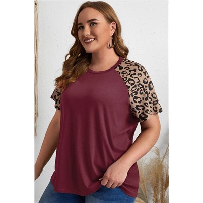 Burgundy Contrast Leopard Raglan Sleeve Plus Size T-shirt