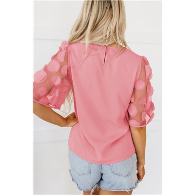 Dusty Pink Contrast Applique Mesh Half Sleeve Blouse