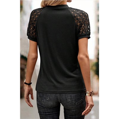 Black Seamed Detail Contrast Lace Raglan Sleeve Tee