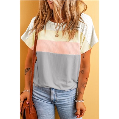 Gray Ribbed Color Block Patchwork T-shirt