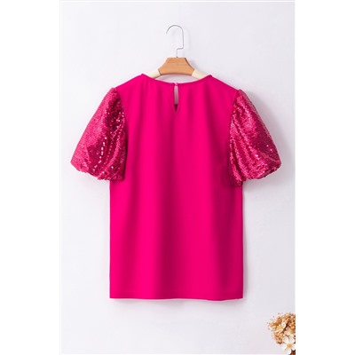 Rose Red Contrast Sequin Puff Sleeve T Shirt