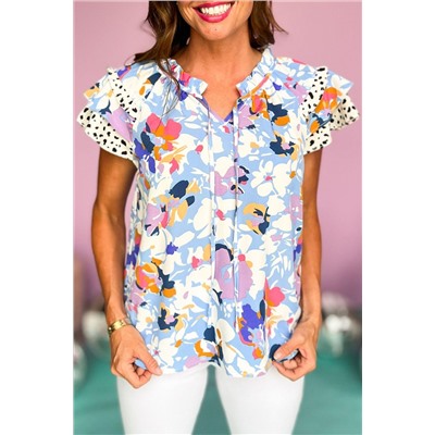 Light Blue Floral Ruffled Flutter Sleeve Tied V Neck Blouse