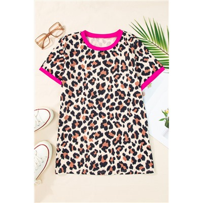 White Contrast Trim Leopard Print T Shirt