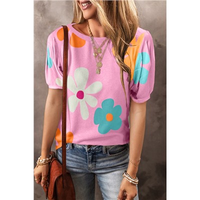 Pink Flower Print Bubble Sleeve Tee