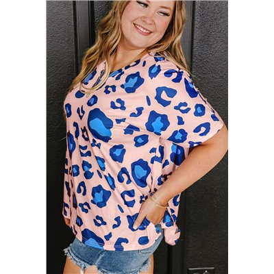 Pink Leopard Print V Neck Plus Size Tee