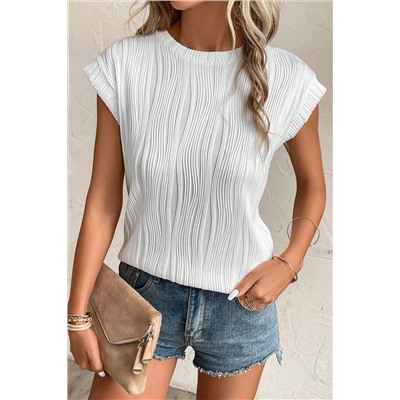 White Wavy Texture Cap Sleeve Top