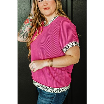 Rose Red Leopard Trim V Neck Short Sleeve Plus Size Corded Top