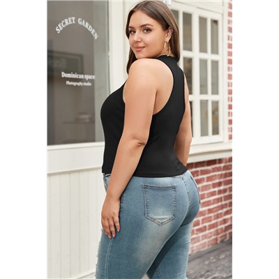 Black Plus Size Zipper Front Racerback Ribbed Tank Top