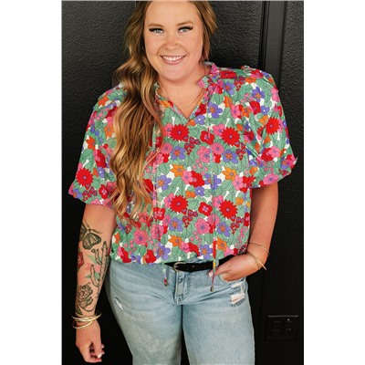 Multicolour Plus Size Floral Print Ruffle V Neck Bubble Sleeve Blouse