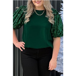 Blackish Green Plus Size Sequin Short Puff Sleeve Top