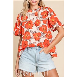 Orange Floral Bubble Sleeve Frill Neck Loose Blouse