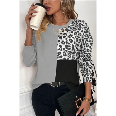 Light Grey Leopard Colorblock Waffle Knit Top