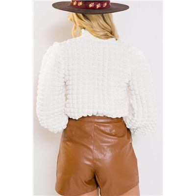 White Textured Smocked Mock Neck Puff Sleeve Top