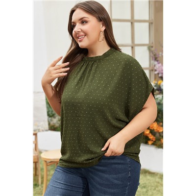 Moss Green Plus Size Swiss Dot Mock Neck Tied Nape Top