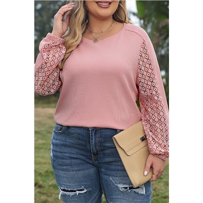 Apricot Pink Plus Size Contrast Lace Sleeve Textured Knit Top