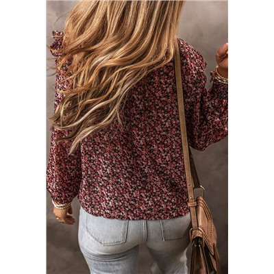 Fiery Red Ditsy Floral Smocked Ruffle Long Sleeve Blouse