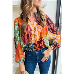 Orange Leopard Patchwork Print Pleated Blouse