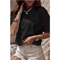 Black Pointelle Lace Half Sleeve Crew Neck Tee