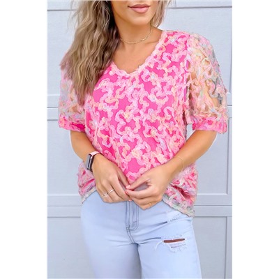 Bonbon Flowery Mesh Short Puff Sleeve Blouse