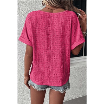 Bright Pink Textured Rolled Sleeve V Neck Tee