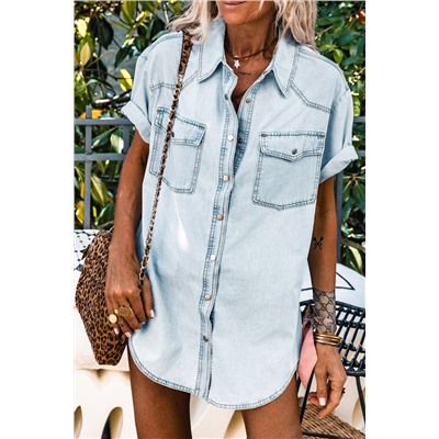 Mist Blue Vintage Light Wash Flap Pockets Rounded Hem Shirt