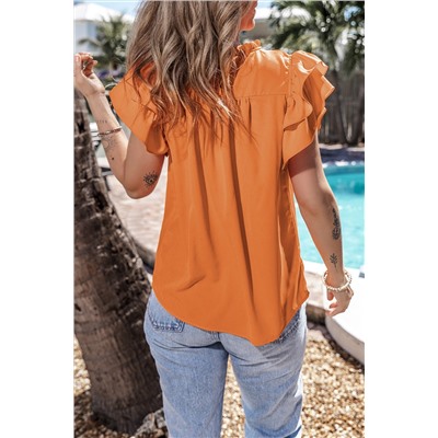 Grapefruit Orange Smocked Ruffle Sleeve Blouse