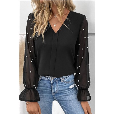 Black Pearl Mesh Flounce Sleeve V Neck Blouse