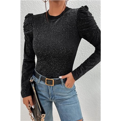 Black Gigot Sleeve Metallic Knit Slim Fit Top