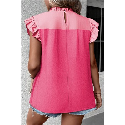 Strawberry Pink Textured 2-Tone Patchwork Frill Neck Ruffled Trim Plus Blouse