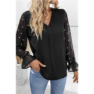 Black Pearl Mesh Flounce Sleeve V Neck Blouse