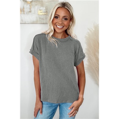 Medium Grey Textured Knit Exposed Stitching T-shirt