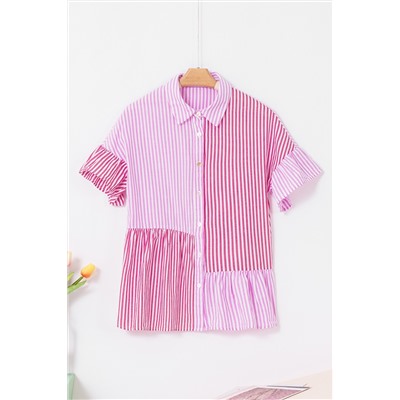 Pink Stripe Striped Patchwork Ruffled Hem Button up Shirt