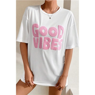 White GOOD VIBES Chenille Embroidered Crewneck T Shirt