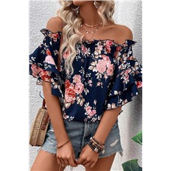 Blue Ruffle Off Shoulder Flounce Sleeve Floral Blouse