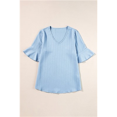 Beau Blue Ruffled Half Sleeve V Neck Textured Top