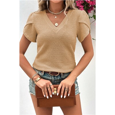 Camel V Neck Petal Sleeve Waffle Knit T-Shirt