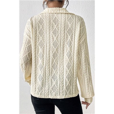 White Cable Rhombus Texture Collared Split Neck Top