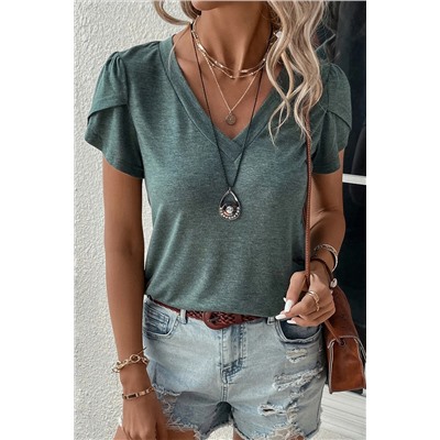 Mist Green Fashion Petal Sleeve V Neck T Shirt