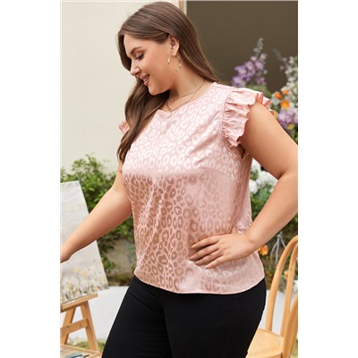 Pink Plus Size Leopard Print Ruffled Flutter Sleeve Satin Blouse