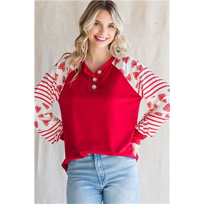 Fiery Red Heart Striped Raglan Sleeve Henley Top