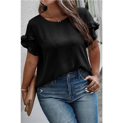 Black Ruffled Short Sleeve Plus Size Top