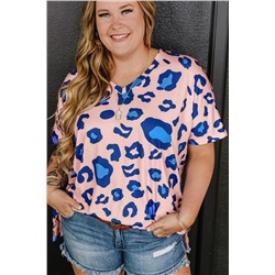 Pink Leopard Print V Neck Plus Size Tee