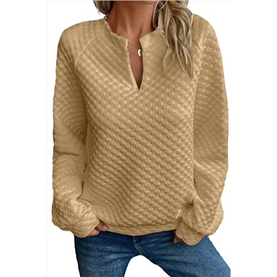 Khaki Split Neck Quilted Long Sleeve Top