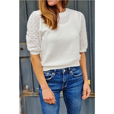 White Broderie Anglaise Puff Sleeve Waffle Knit Tee