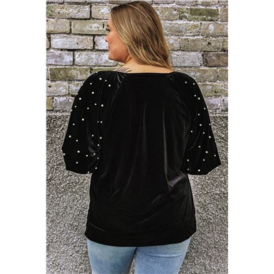 Black Pearl Embellished Puff Sleeve Velvet Plus Size Top