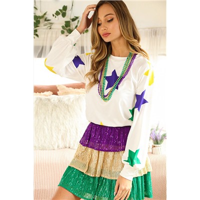 White Mardi Gras Star Printed Long Sleeve Top