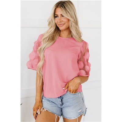 Dusty Pink Contrast Applique Mesh Half Sleeve Blouse