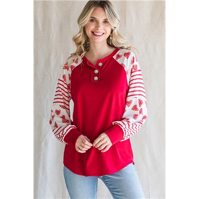 Fiery Red Heart Striped Raglan Sleeve Henley Top