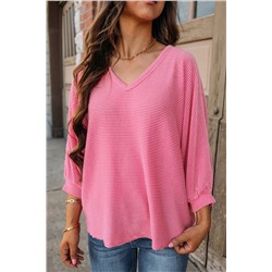 Strawberry Pink Striped Print Bracelet Sleeve V Neck Top